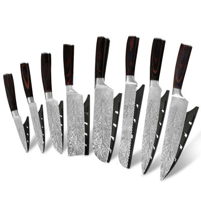 China Amazon Success Drop-shipping 7cr17mov Sustainable High Carbon Pakka Stainless Steel Wooden Handle Pattern Knife Set 8pcs for sale