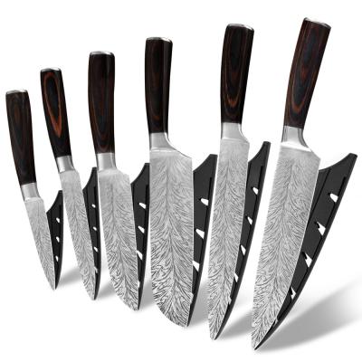 China Viable Professional High Carbon Steel Kitchen Knife Laser Damascus Feather Pattern 7Cr17Mov Knife 6pcs Set With Pakka Wood Handle for sale