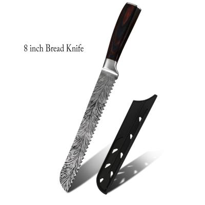 China Xingye Kitchen Knife Viable Frozen Meat Serrated Feather Pattern Wooden Handle 8 Inch Stainless Steel Bread Knife With Knife Cover for sale