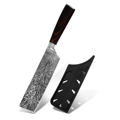 China New design feather pattern Japanese style cleaver viable vegetable kitchen knife 7 inch small stainless steel nakiri knife with knife s for sale