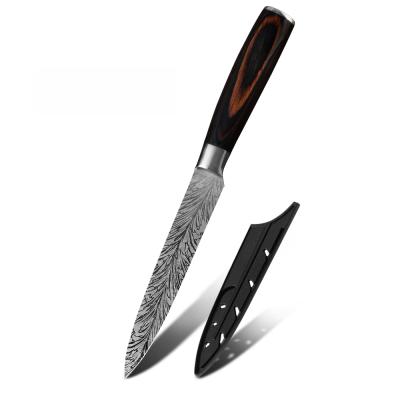 China Yangjiang Kitchen Knife Damascus Feather Pattern 5 Inch 7Cr17Mov Stainless Steel Viable High Carbon Utility Knife With Knife Sheath for sale