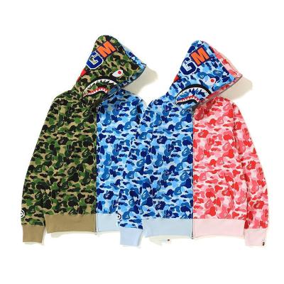 China Wholesale Cotton Sweater Camouflage Print Hoodie Bape Monkey Shark Zipper Casual Loose Hoodie Jacket For Women Men for sale