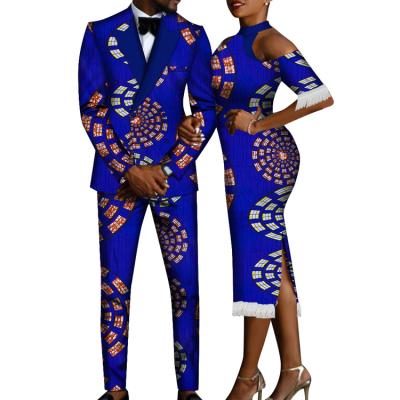 China New Arrival Summer African Dress Ruffled African Midi Dress 2021 Wholesale Wax Print Autumn Couple Suit for sale