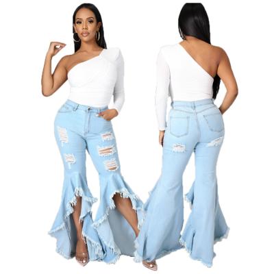 China 2021 Breathable Fashionable Stretch Rocket Leg Jeans Ripped Pants For Women for sale