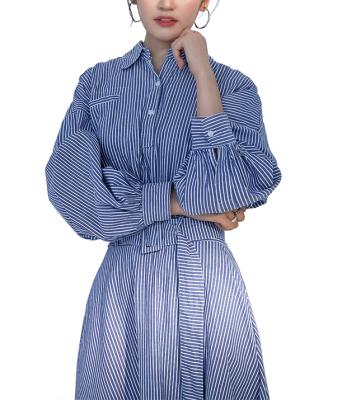 China BREATHABLE WOMEN'S INS WHITE STRIPES LONG BLUE SHIRT DRESS WITH STEALTH HOLDING BELT BACK BUTTONS DOWN for sale