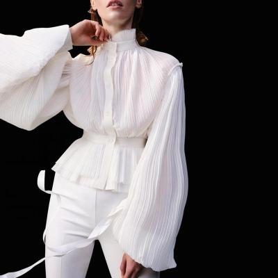 China Women Breathable Vintage PLEATING Shirt Coat With Drop Shoulder Puffy Sleeve Shirt/Blouse For Women Elegant Slim Chiffon Breathable Backing for sale