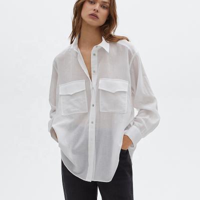 China BREATHABLE WOMEN CASUAL THIN CANVAS SHIRT WITH OVERSIZE POCKET LARGE DROP SHUOLDER for sale