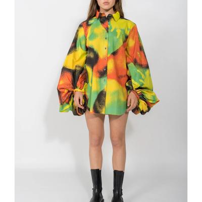 China Anti-shrink orange and yellow cotton print shirt with oversized balloon brim and pointed collar for sale