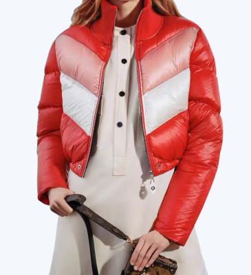 China Custom High Quality Patchwork Colors Patchwork Bomber Jacket Breathable Puffy Short Coat Fashionable Panels Stitched Down Women Summer Stand Woven Blazer for sale