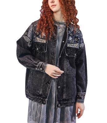 China Oversized Denim Beading Beading Shiny Wash Jean Jacket Coat Embroidery Tassel Patchwork Women Fashionable Bleach Custom Vintage Breathable for sale