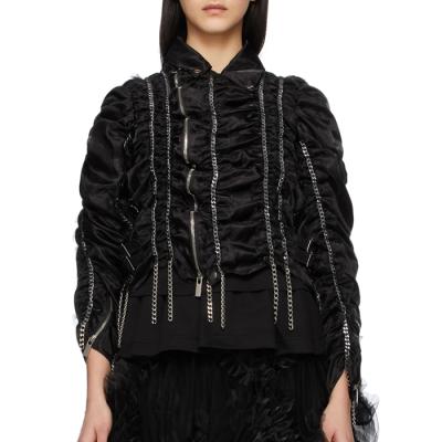 China OEM Black QUICK DRY Chain Pleated White Jacket Women Asymmetric Long Sleeve Stand Neck Bomber Jacket for sale