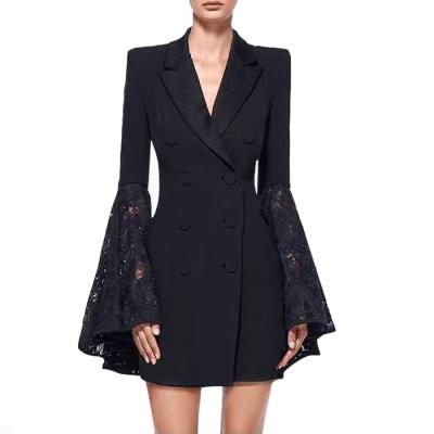 China Anti-wrinkle OEM Black Lapel Lace Panel Flare Sleeve Women Double Breasted Blazer for sale