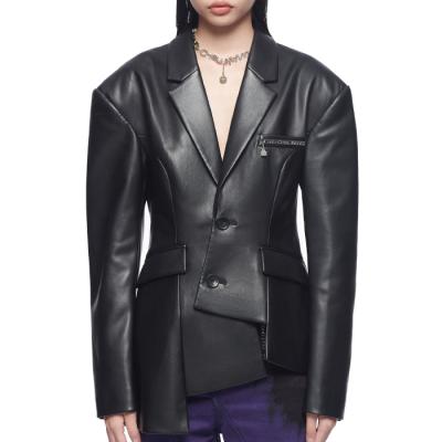 China asymmetric faux leather jacket women's anti-wrinkle OEM black oversized edge shoulders pulled waist blazer jacket for sale