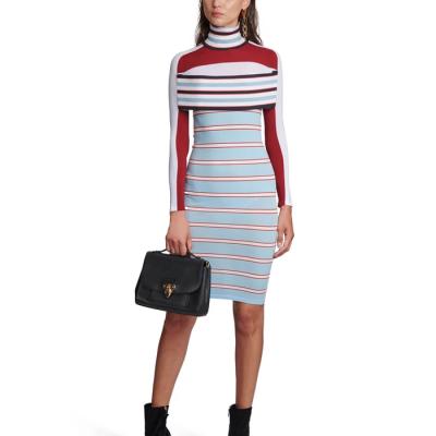 China Anti-Static OEM Custom Striped Turtle Neck Long Sleeve Knit Dress Women Casual Dress for sale