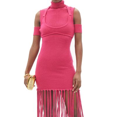 China OEM Anti-Static Pink Franger-Edge Wool Dress Women Ribbed Neck Cutout Sleeves Slim Fit Casual Dress for sale