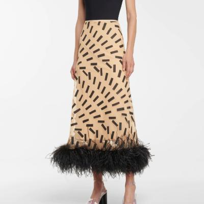 China New OEM Fashion Anti-Static Beige Printed Semi Sheer Full Lined Midi Skirt Women's Fashion Feather-Trimmed Skirt for sale