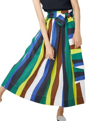 China Custom Made High Quality Breathable Cotton Fashion Colorful Canvas Blend Print Stripe Long Umbrella Skirt With Waistband for sale