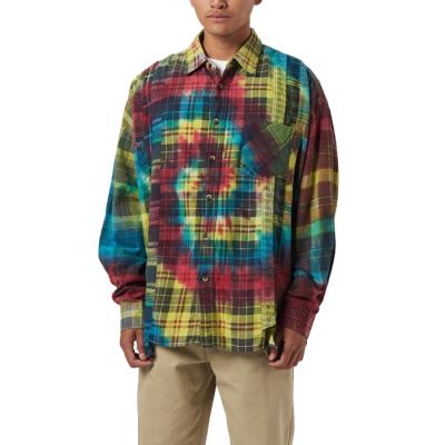 China Anti-pilling Multicolor Tie Dye Rebuild Cuts Shirt Men's Single Breasted Long Sleeve Casual Plaid Shirts for sale