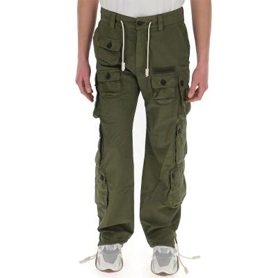 China Anti-wrinkle OEM Army Green Multi Pockets Cargo Pants Drawstring Belt Cotton Trousers for sale