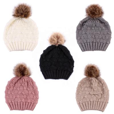 China Wholesale Medium KENSHELLEY 5 Colors In Fur Pom Poms Knitted Hat Ball Beanies Winter Running Hat For Women for sale