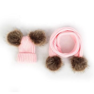 China New KENSHELLEY Amazon Fashion Winter COMMON Hats Set Fur Pom Pom Balls Beanie Set Baby Beanie Scarf Raccoon Warm Knitting Set for sale