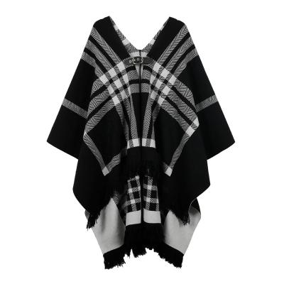 China Cashmere Classic Black and White Plaid Poncho Shawls Soft Warm Cloak Eco-Friendly Shawl Wrap Free Sample for sale