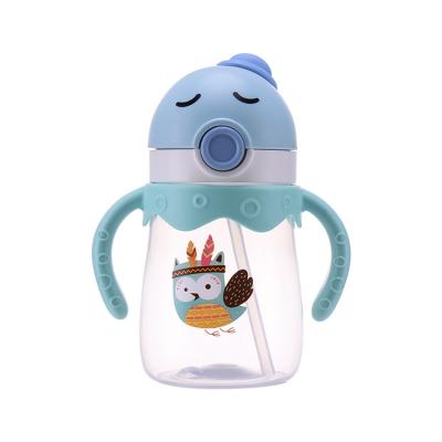 China Cartoon Viable Portable Straw Kindergarten 350ml Feeding Bottle Baby Drinking Water Bottle With Handles for sale