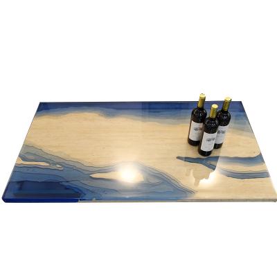 China Customized Design Furniture Sea Blue Beige Travertine Stone Top Coffee Table for sale