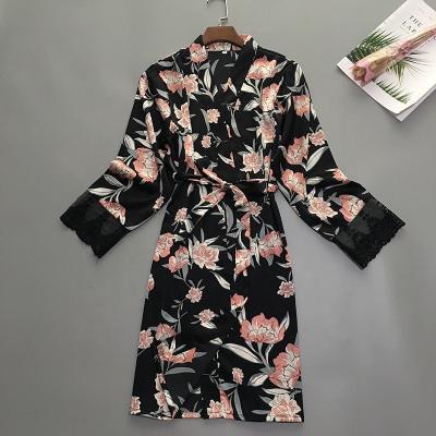 China Elasticity And Sexy Lingerie Homewear Women Long Robe X1458 2022 Floral Stain Belted Soft Hot Floral Stain Sleepwear Soft Elegant Pajamas Long Robe for sale