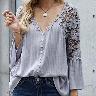 China NZ003 New Women Fashionable V-Neckline Long Sleeve Breathable Chiffon Shirt Loose Back Hollow Out Casual Women's Blouse for sale