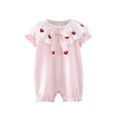 China Lovely Summer Soft Causal Infant Rompers Short Sleeve Baby Rompers Baby Halter Crawling Suit Cool With Lace Ribbon Bow Embroidery for sale