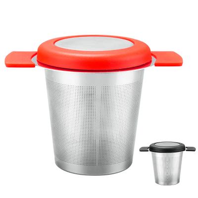 China Viable Stainless Steel Tea Infuser With Silicone Lid Reusable Extra Fine Mesh Brewing Tea Strainer Loose Filter On Cups For Leaf Tea for sale