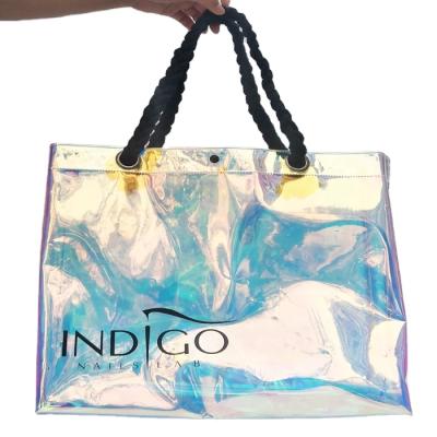 China Custom Waterproof Clear Durabel Packaging PVC Shopping Beach Tote Laser TPU Holographic Shopping Bag for sale