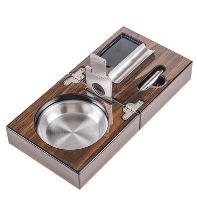 China Tropical Cigar Ashtray Accessories Cigar Accessories Solid Wood Stainless Steel Cigar Cutter Opener Hole Opener Foldable Travel Portable for sale