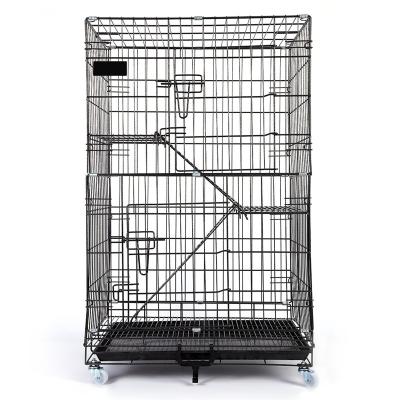 China Three Layers Metal Wire Cat Carrier Cage Portable Indoor Breathable Mobile Cat Cages With Wheels Pet Cages for sale