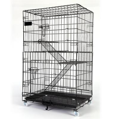 China Custom Made Luxury Black Foldable Breathable 2 Tier Metal Cat Cages Easy Cleaning Cat Cages With Platform Pet Cages for sale