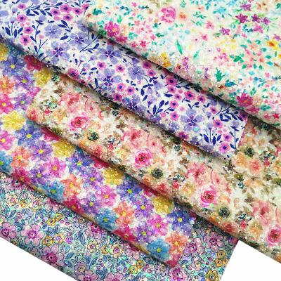 Cina Fiore di primavera lucente Stampato Glitter cotone velluto fondo tessuto di cuoio PU in vendita