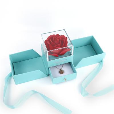 China Double Paper Rose Acrylic Jewelry Box Open Preserved Ring Box 9.3*10.6*8.8 Drawer Jewelry Packaging Gift Box Cardboard Paper for sale