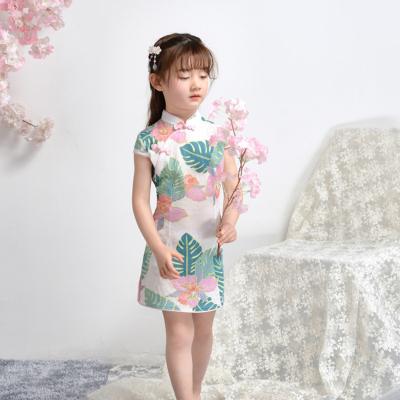 China Preloved geleneksel cin giyim st elbise blue qipao to chinese traditional ready-made cheongsam dress tangerine collar cheongsam dress cotton shorts summer teenage girl floral print child cheongsam mall for sale