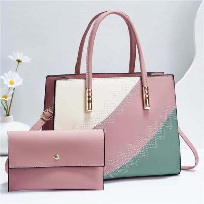 China Wholesale Zipper Closure 2 PCS Women Fashion Contrast PU Leather Bag One Shoulder Femma Tote Handbag And Clutch Purse Ladies Bag Set for sale