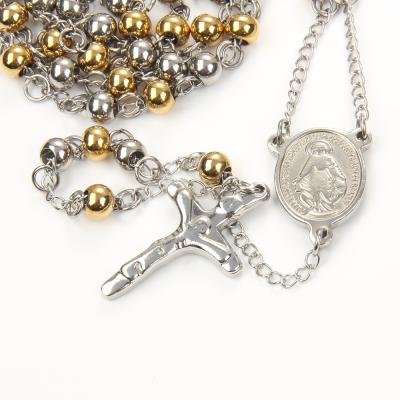 China 6MM Religious Gold Plated Beads No Fade Silver Chain Rosary Medals Cross Stainless Steel Catholic Rosary for sale