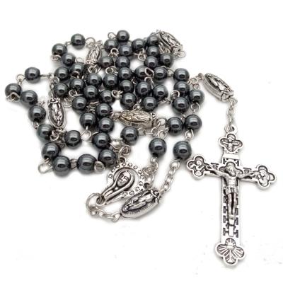 China Religious Expose Heart of Prayers Sangiti Sutta Hematite Rose Cross Chain Necklace Religious Catholic Rosary Bead for sale