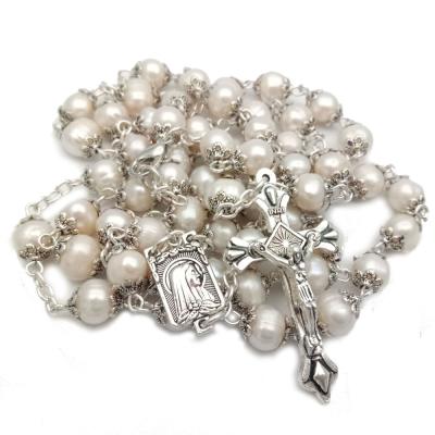 China Amazon Religious Jewelry Pearl Chain Jesus Cross Maria Catholic Rosary Religious Hot Selling Freshwater Pearl Necklace for sale