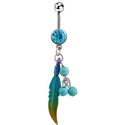 China Lady Dance Navel Rings Ethnic Turquoise Sapphire Green Gemstone Color Feather Surgical Steel Navel Piercing for sale