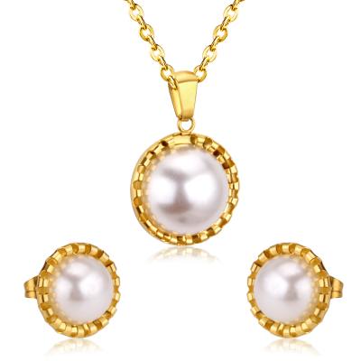 China Environmental Friendly Elegant Women Wedding Stainless Steel Dangle Earrings Necklace Sets 18K Gold Plated Pearl Bridal Jewelry Sets for sale