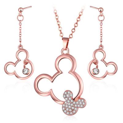 China Hot Selling Environmentally Friendly Rose Gold Cartoon Animal Mickey Mouse Silver Women's Hollow Set Earrings And Necklaces for sale