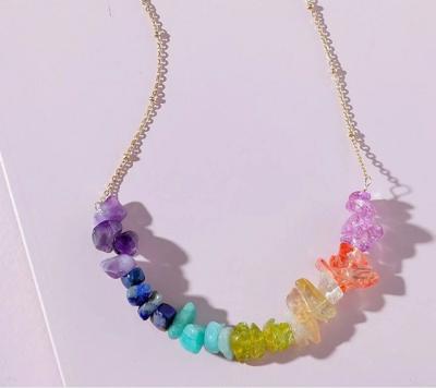 China Graceful Irregular Stone Beads Necklace Sensitive 7 Chakra Chips Gold Plated Chain Women Colorful Natural Stone Necklace for sale