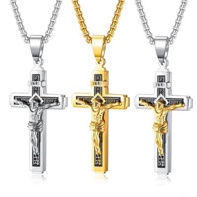 China High Quality Graceful Vintage Mens Womens Adjust Stainless Steel Rolo Chain Gold Plated Jesus Cross Necklace Pendant for sale