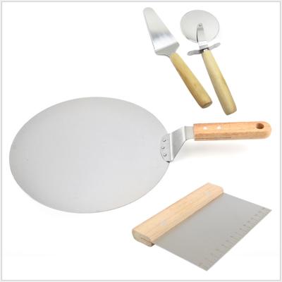 China Sustainable Pizza Cutter and Serving Tools 4pcs Wooden Handle Stainless Steel Pizza Peel Set for sale