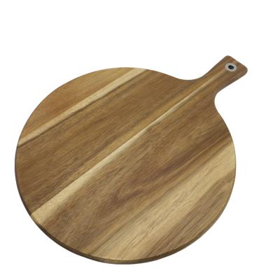 China Sustainable Round Pizza Cutting Cheese Serving Acacia Wood Cutting Board With Handle for sale